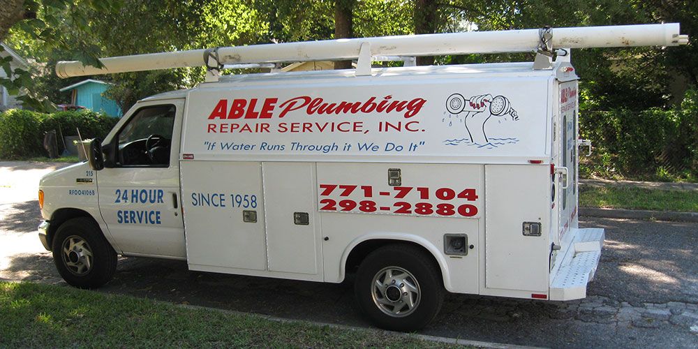 Residential plumbing company Able Plumbing Repair Service, Inc. white 24 hour service van in Orange Park, FL or the Jacksonville, FL area